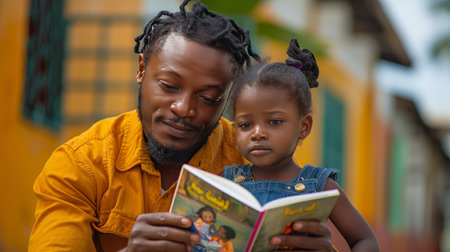 A man sitting and reading a book to a young girl attentively listening.の素材
