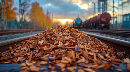 A pile of wood chips lying on the train track, creating a potential hazard for passing trains.の素材