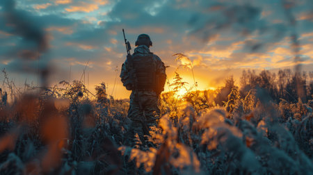 A man is standing in a vast field holding a rifle, surveying the surroundings.の素材
