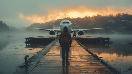A person is standing on a dock with a plane in the background.の素材