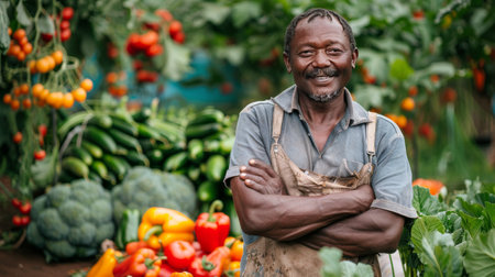 A man standing in front of a variety of fresh vegetables displayed outdoors.の素材