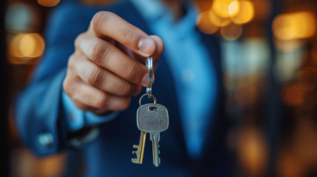 A person standing while holding a key in their hand, displaying a key for a concept or symbolism.の素材