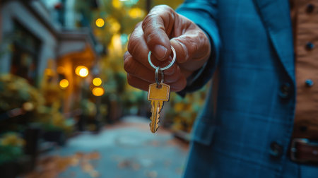 A person standing while holding a key in their hand, displaying a key for a concept or symbolism.の素材