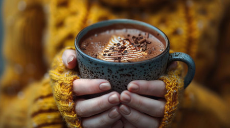A woman standing while holding a cup filled with hot chocolate.の素材