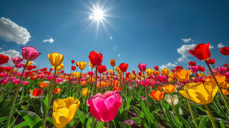Lush field blooming with vibrant flowers beneath clear blue sky.の素材