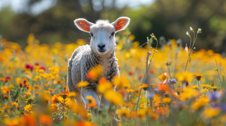 A sheep standing surrounded by colorful flowers in a grassy field.の素材