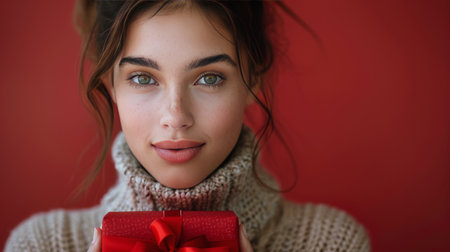 A woman with long hair holding a gift box wrapped in shiny paper with a red bow on top.の素材