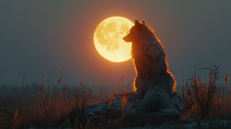 A dog is sitting on a rock, gazing at the full moon in the night sky.の素材