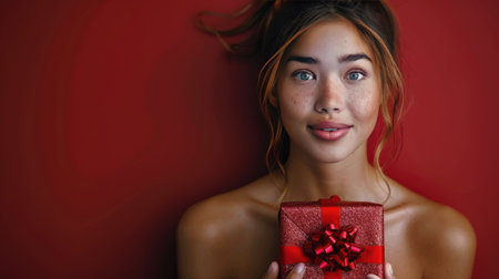 A woman with long hair holding a gift box wrapped in shiny paper with a red bow on top.の素材