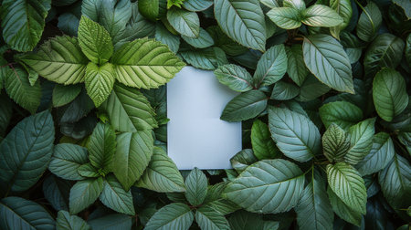 A white sheet of paper lies amongst vibrant green leaves on the ground.の素材