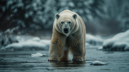 A polar bear is gracefully moving across a body of water, showing its natural habitat and impressive swimming abilities.の素材