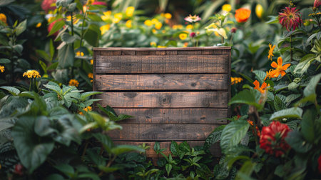 A wooden box overflowing with a variety of colorful flowers, enhancing the gardens beauty and adding a vibrant touch to the surroundings.の素材
