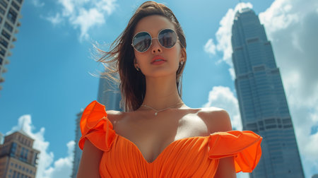 A woman wearing an orange dress stands confidently in front of towering urban buildings, showcasing contrast between her colorful attire and the cityscape.の素材
