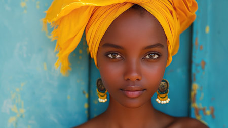A woman with a yellow turban and earrings.の素材
