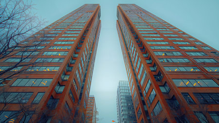 View looking up at two tall buildings shrouded in fog in a cityscape.の素材