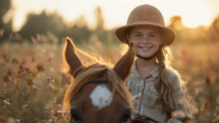 A young girl with long hair riding on the back of a sturdy brown horse in a field.の素材