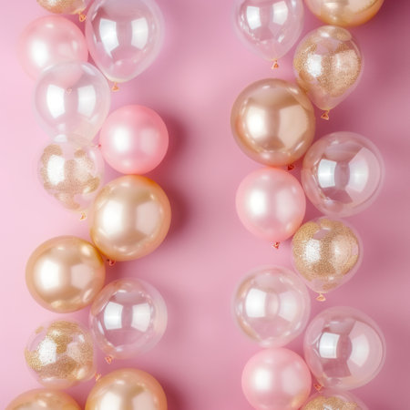 Beautiful festive minimalistic pink background with gold and clear balloons on the sides.の素材