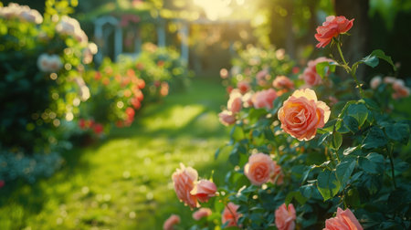 Beautiful bright background of a summer garden with a flowering rose bush.の素材