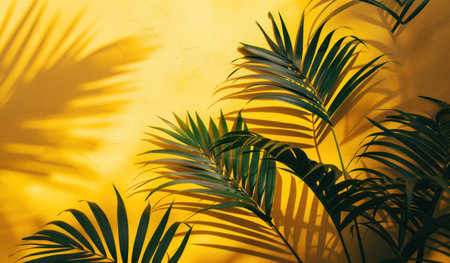 palm leaf silhouette on a yellow background.の素材