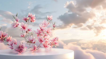 A natural beauty podium creates a captivating setting for showcasing products against a dreamy sky background.の素材