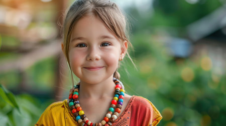 A smiling young girl with blue eyes, wearing a vibrant orange dress and colorful beads.の素材