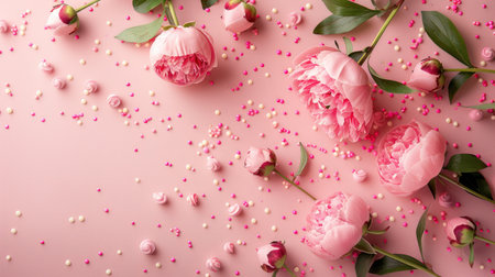 International Women's Day. A top-down image featuring pink peony rosebuds and sprinkles on a pastel pink background.の素材