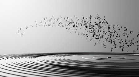 Black and white vinyl record with artistic splashes and music notes, creative music concept.の素材