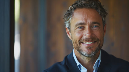 A charming CEO's smile fills the portrait, off-center composition providing ample copyspace.の素材