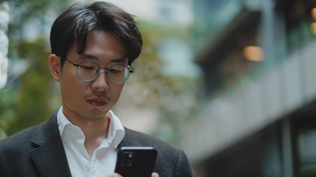 A businessman using a smartphone for global business activities, including internet connection.の素材