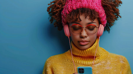 A stylish and carefree woman is enjoying music through headphones on her smartphone.の素材