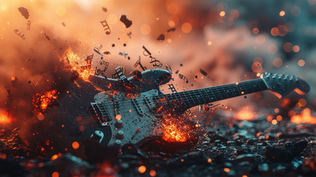 A vibrant background accentuates the explosion of a sleek black rock guitar, releasing a flurry of tiny black musical notes..の素材