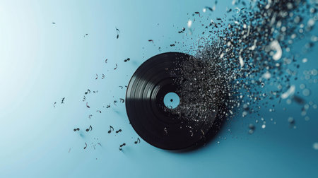 Minimalist music theme with splashes and vinyl on orange, abstract art concept.の素材