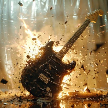 A black rock guitar explodes against a bright background, many small black musical notes fly out of it.の素材