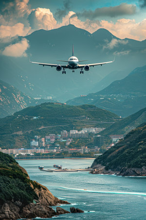An airplane is departing from an airport, flying over stunning mountains and sea, showing the beauty of air travel.の素材