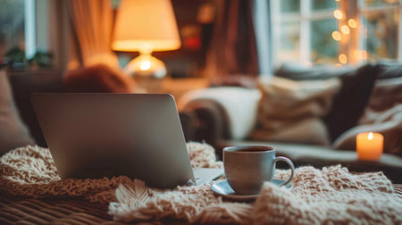 a cup of coffee beside a laptop on a coffee table.の素材