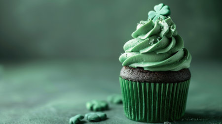 Patrick's Day cupcake with green frosting and a clover on a green background.の素材