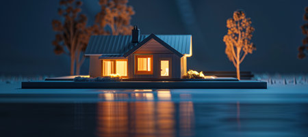 Miniature house model with warm glowing windows on blueprints at duskの素材