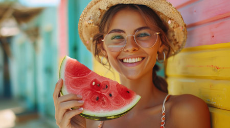A young, attractive woman holds a slice of watermelon, radiating happiness and embodying a summer vibe.の素材