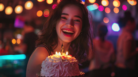 Radiant young lady celebrating with a cake amidst vibrant party lightsの素材