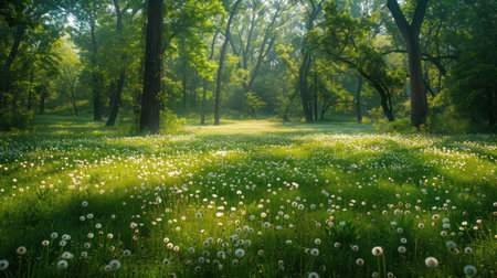 park filled with dandelions, lush green grass, blooming flowers, and tall trees.の素材