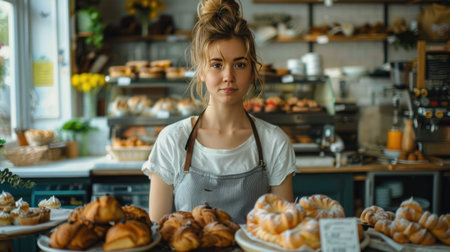 A female baker and entrepreneur, the owner of a startup small business, is pictured at the counter of her bakery. AI Generativeの素材
