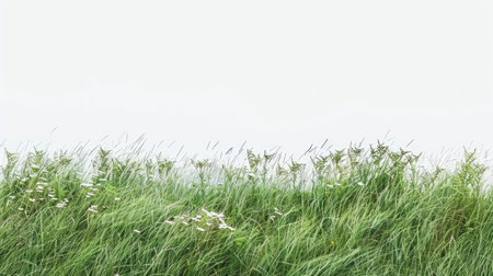 A minimalist composition of a grassy meadow, with tall grass swaying in the wind and scattered wildflowers, evoking a sense of freedom and openness.の素材