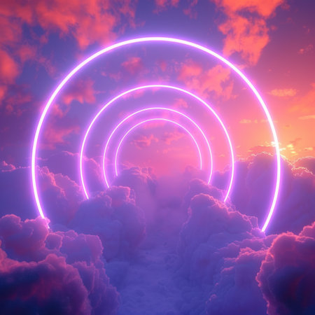 colored circles rays of light in the clouds rainbow circle.の素材
