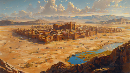 A painting depicting a desert town nestled beneath towering mountains in the background.の素材