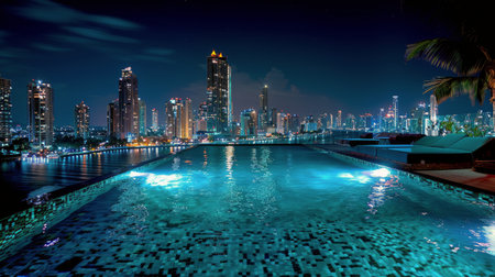 A swimming pool set against a city skyline, offering a unique urban oasis with stunning views of tall buildings and skyscrapers.の素材