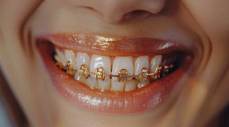 Close up view of a persons teeth with visible metal braces for orthodontic treatment.の素材