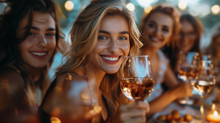 Women gathered at a table, holding wine glasses, engaged in conversation and socializing.の素材