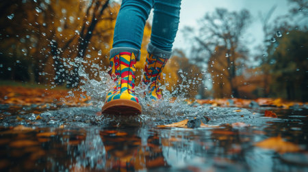 A person wearing vibrant rain boots joyfully splashes through a puddle, creating ripples and splashes of water in their wake.の素材