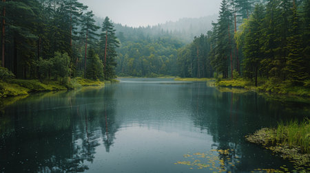 A body of water surrounded by lush trees and green grass in a natural landscape setting.の素材