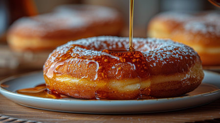 A freshly baked donut being drizzled with syrup on a wooden plate, creating a delicious and indulgent dessert.の素材